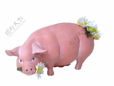 叼着花朵的小猪存钱罐图片