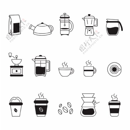手绘各种咖啡图标集合