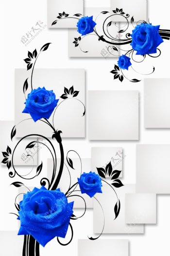 3D方片蓝玫瑰玄关画