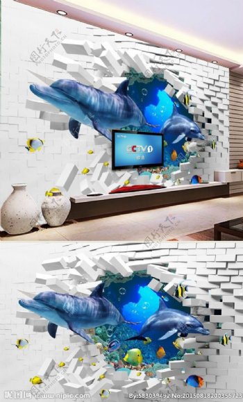 3D破墙效果海豚背景墙