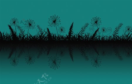 黑色野草鲜花剪影蓝色背景图