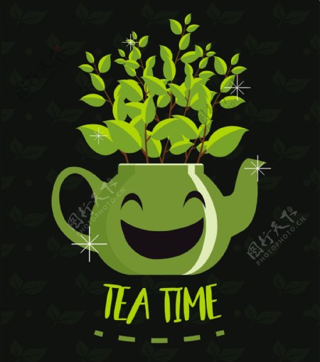新鲜茶叶茶壶矢量图
