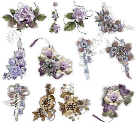 欧美剪贴紫色花卉复古风堆花花边素材