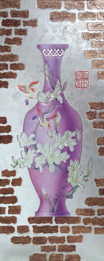 紫色花瓶墙画玄关图