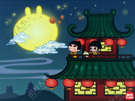 卡通中秋节赏月图片