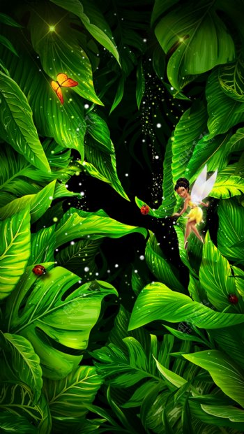 梦幻绿色雨林小精灵产品促销海报H5背景
