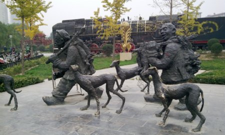 铜雕塑细狗撵兔图片
