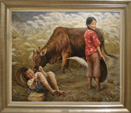 放牛的孩子油画图片