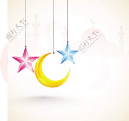 金新月和星星挂在清真寺映衬背景的伊斯兰节日庆典EidMubarak