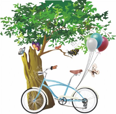 树桩树叶树枝自行车气球蝴蝶彩蝶素材
