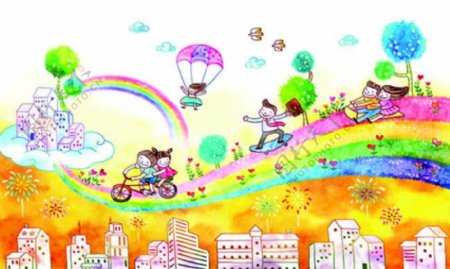 卡通手绘彩虹路创意插画设计psd素材