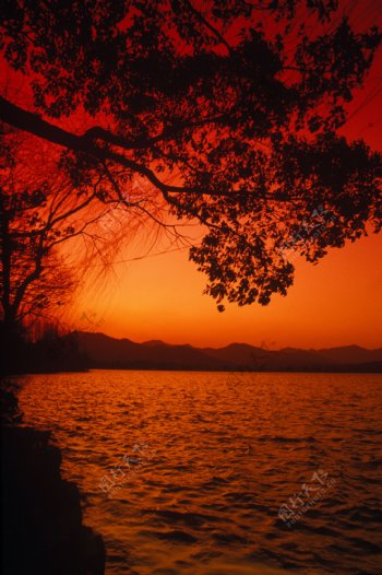 太阳落山后河边的昏暗的景象图片图片