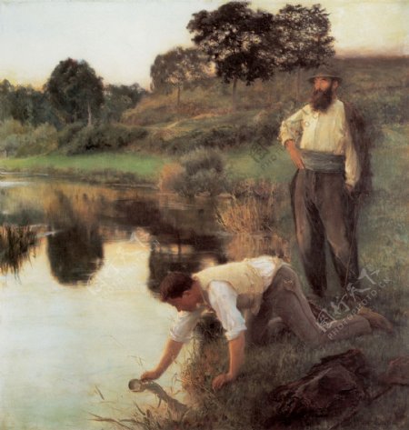 河边盛水的男人油画图片