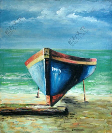 海滩上的小船油画图片