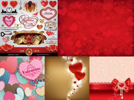 红色心形与蝴蝶结等情人节矢量素材免费下载