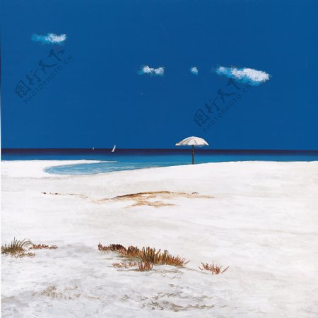 蓝天沙滩风景油画图片