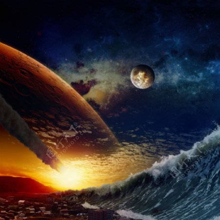 海啸与小行星撞击地球图片