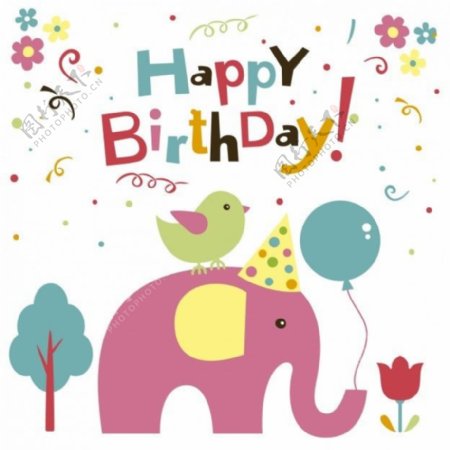 大象和鸟的生日卡片
