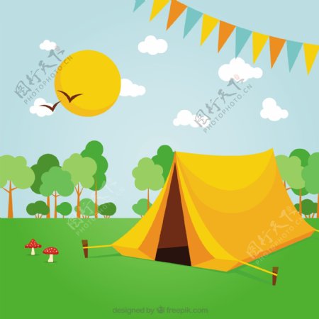 春天风景中的黄色野营帐篷