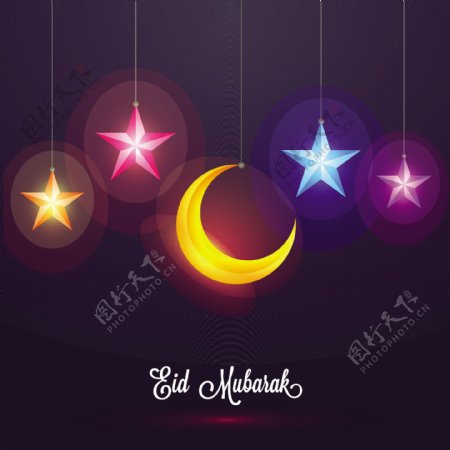 五彩缤纷的新月五彩缤纷的星星点缀着伊斯兰著名节日EidMubarak的背景