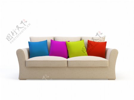 米色沙发与彩色抱枕图片下载