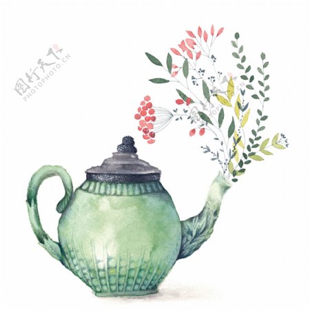 手绘创意茶壶和绿叶素材唯美高清