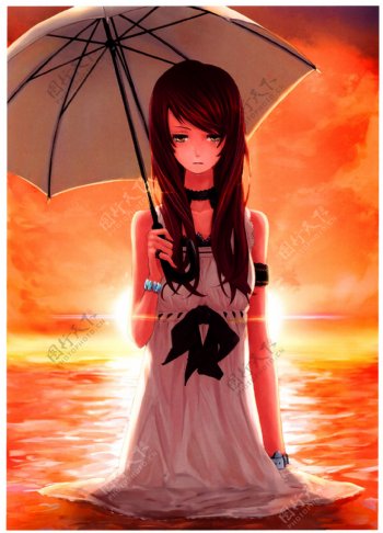 打雨伞的漫画女孩