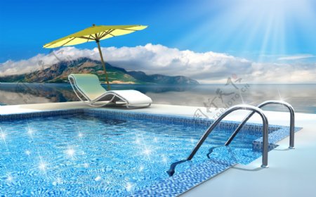 游泳池与躺椅遮阳伞图片