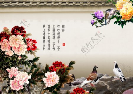 牡丹花鸟中式工笔画背景墙