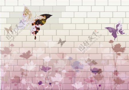 3D墙砖花朵蝴蝶背景墙