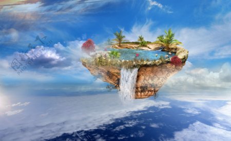 悬浮岛与瀑布风景图片