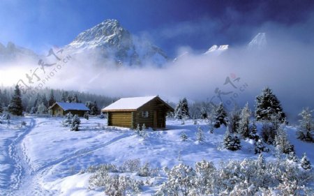 冬雪木屋图片