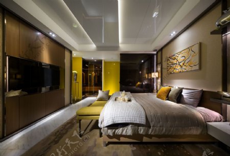 现代简约卧室大床电视墙设计图