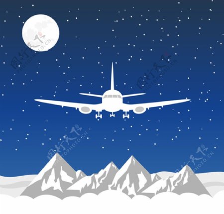 飞越雪山的飞机插画