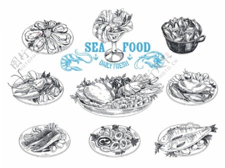 海鲜美食素描图片