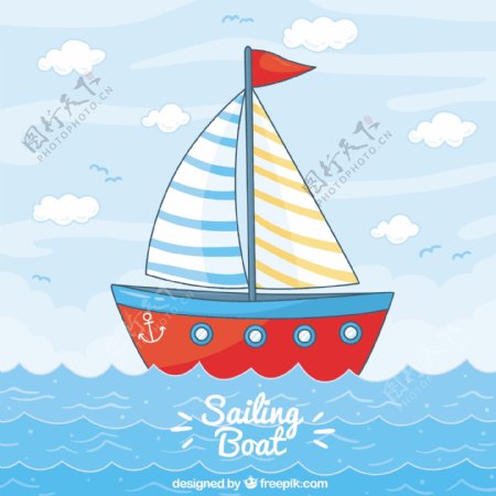 红色帆船海天蓝色背景
