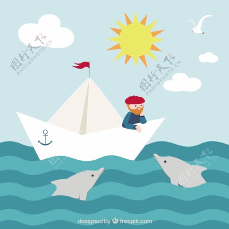 漂亮的水手纸船海豚背景
