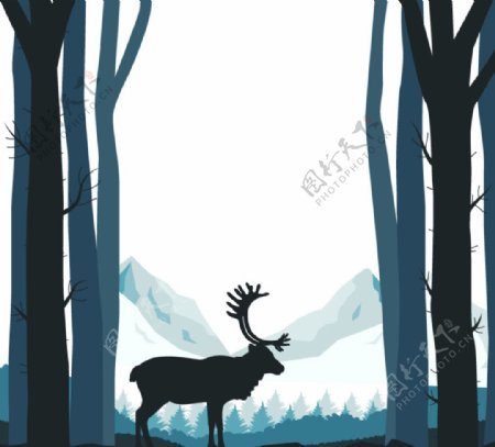 森林中的驯鹿剪影