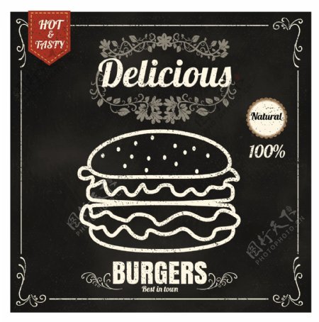 黑白矢量手绘西餐汉堡展示海报EPS素材