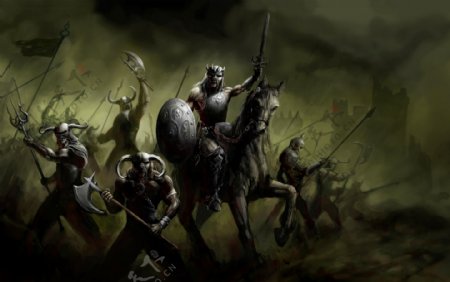 威武的欧洲古代勇士和魔兽插画图片
