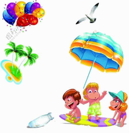 卡通孩童太阳伞漂流瓶海鸥气球素材