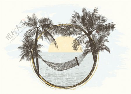 椰树与吊床插画