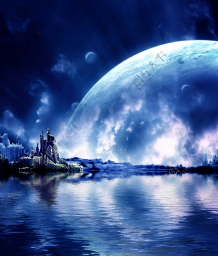 太空城堡蓝色主题海梦幻背景