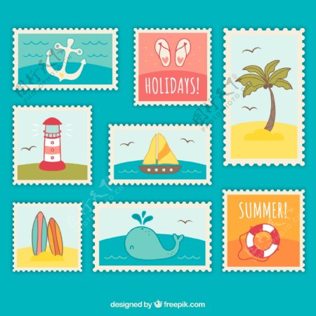 清新夏季邮票矢量素材图片