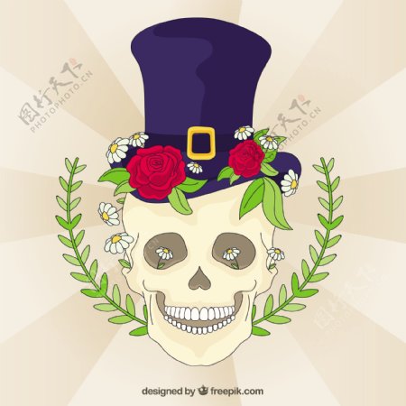 头骨背景与帽子和花卉元素
