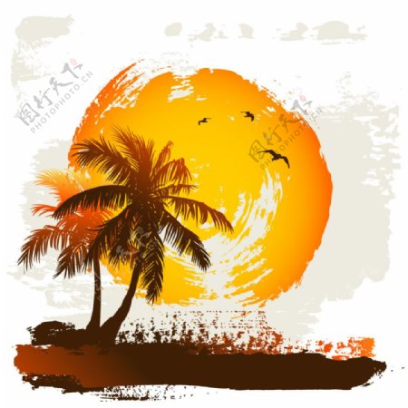 粗狂笔触背景热带夏季椰子树矢量素材
