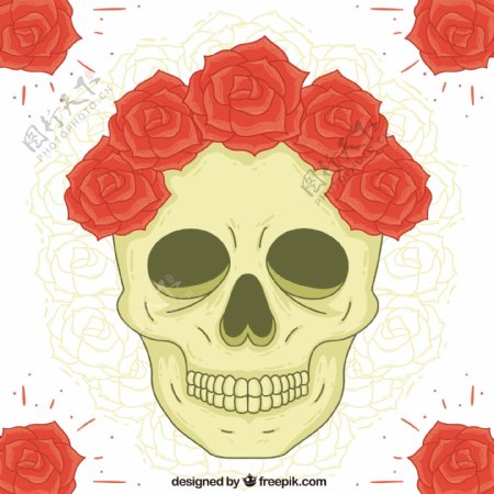 手绘骷髅玫瑰背景与花卉