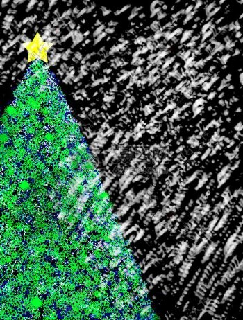 圣诞节强降雪夜黑色树绿色明星黄金夜晚的天空