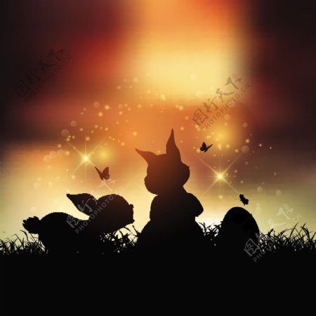 在落日的天空的复活节兔子的剪影