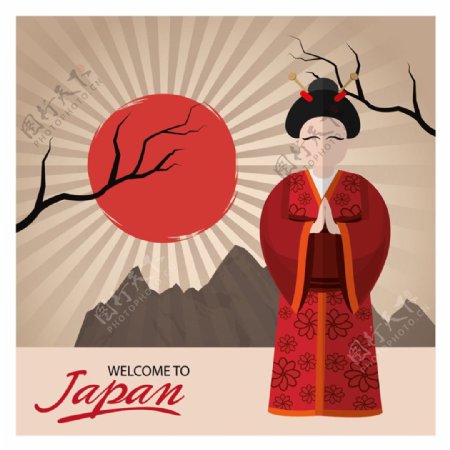 日本和服女人和太阳图片
